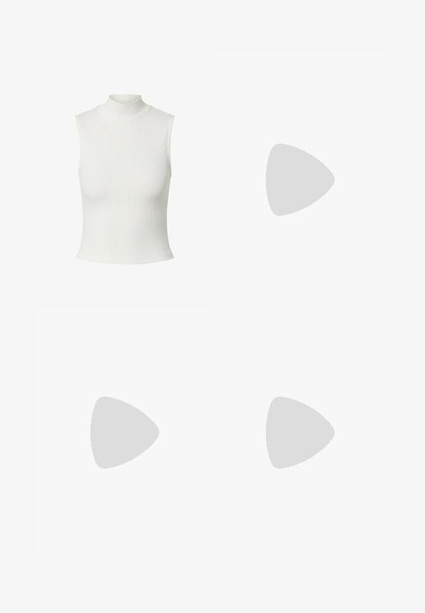 Rippentop ohne Ärmel in Weiß. Verfügt über ein enganliegendes Design mit glatter Textur und einem hohen Kragen. Ideal zum Schichten.; Weiße, plissierte Damenhose mit weitem Bein und elastischem Taillenbund. Hergestellt aus leichtem Stoff, mit vertikalen Streifen und fließendem Schnitt.; Helle rosa Clogs aus Gummi, mit Belüftungslöchern, einer konturierten Form und einer strukturierten Sohle für Halt. Getragen mit hellbeigen Hosen.; Cremefarbene Sonnenbrille mit ovalen Gläsern, braun getönt, mit glänzendem Finish und dezentem "Vogue"-Logo an der Seite.