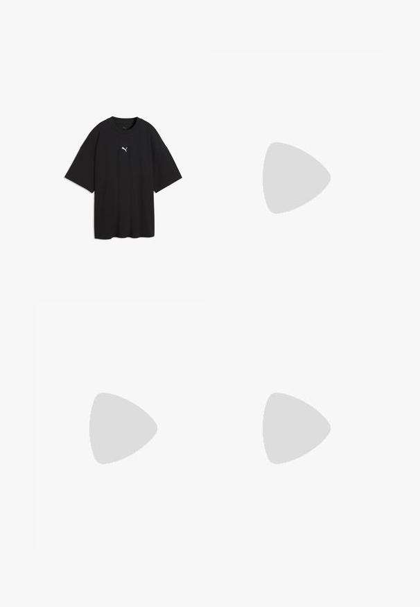 T-shirt oversize noir à manches courtes avec un petit logo Puma blanc au centre devant sous l'encolure.; Pantalon de sport noir avec une taille élastique, boutons-pression sur les côtés et logo Puma blanc à l'avant. Fabriqué en tissu léger.; Chaussures de sport noires en matériau mesh et suède, avec un logo Puma blanc, des lacets élastiques et une semelle en caoutchouc texturée.; Sac bandoulière noir texturé avec plis, une seule poignée, et un petit logo Puma doré centré sur le devant.
