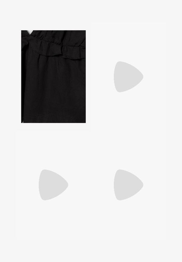 Tissu noir avec une ceinture élastique froncée et un détail subtil de volants le long du bord, montrant la texture et les coutures en gros plan.; Shorts noirs en tissu léger, avec une ceinture froncée et une coupe ample, dotés d'une surface douce et légèrement texturée.; Tongs en caoutchouc noir avec semelle texturée et bride en Y lisse sur un fond clair uni.; Sac à épaule en tissu couleur crème avec broderie florale à œillets et une seule bandoulière souple.