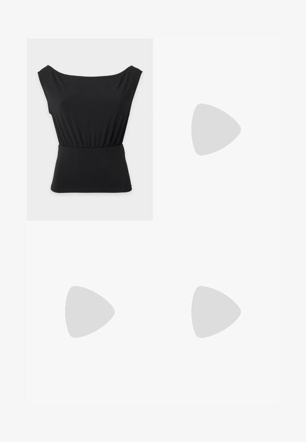 Top negro sin mangas con escote barco y cintura elástica recogida, ajustado en la parte inferior con una textura de tela lisa.; Pantalones de pierna ancha negros con una textura suave, que presentan una cinturilla alta y sin cierres visibles. Diseño simple y limpio.; Sandalia de tacón de charol negro con tiras finas cruzadas y un tacón de aguja delgado de altura media, sobre un fondo blanco.; Pendientes de estudio circulares de oro con un diseño en espiral, adornados con cristales transparentes en el borde y un elemento decorativo central.