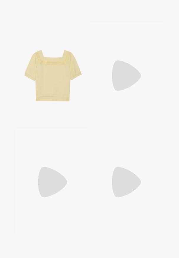 Top à manches courtes et décolleté carré en coton jaune clair, avec un détail tricoté texturé le long de l'encolure et une coupe décontractée.; Jupe midi en denim bleu clair avec une fermeture à boutons sur le devant, sept boutons métalliques et une silhouette droite avec un ourlet en dessous du genou.; Sandale à talon en cuir marron avec un bout carré, une bride de cheville ajustable et un talon carré. Texture lisse et design minimaliste.; Sac hobo en cuir couleur crème avec une seule bandoulière, texture lisse et un détail de fermoir doré à l'avant.