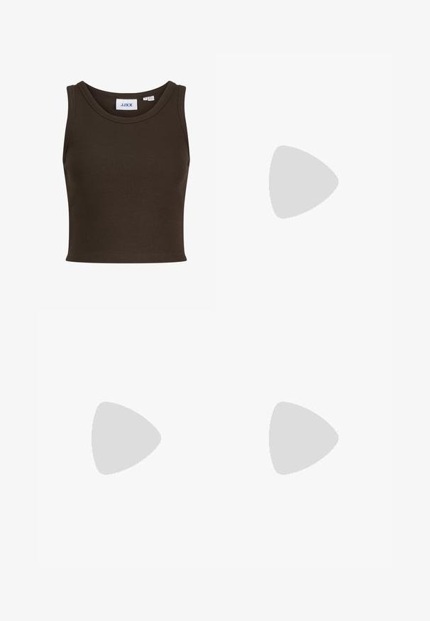 Mouwloze geribde cropped top in donkerbruin met ronde hals en merklabel JJXX aan de binnenkant van de kraag.; Zwarte denim wijde pijpenbroek met een hoge taille, voorzien van gele stiksels, twee voorkruiken en een enkele knoopsluiting.; Högl ELLA - Enkelkaarsjes - schwarz; Donkerbruine leren totebag met brede schouderbanden en een afgeronde bovenopening, eenvoudig ontwerp met een centraal naaddetail.