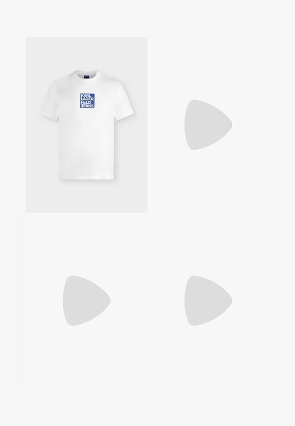 Hvid T-shirt med korte ærmer og en blå firkantet logo med teksten "KARL LAGERFELD JEANS" centreret på brystet.; Lysblå denim flared jeans med høj talje, der har fem lommer, bæltestropper og en toned vævning.; Hvide sneakers lavet af læder og ruskind, med snørestropper, en tan gummisål og et lille logo på siden.; Sort nylon crossbody taske med rektangulær form, med en frontpatch etikette, sølvhardware og en justerbar rem.