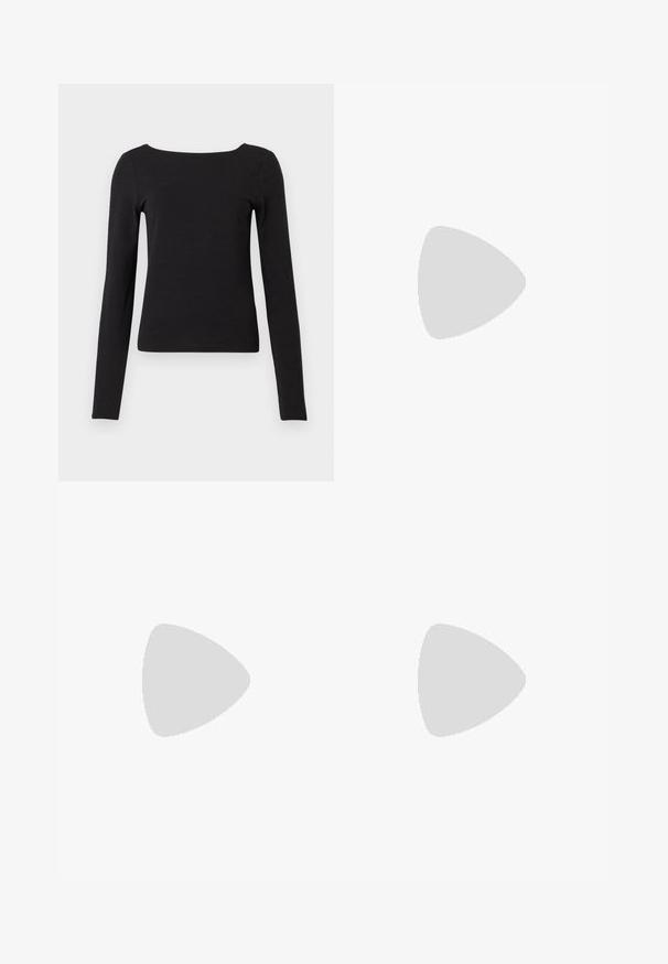 Chemise noire à manches longues avec un col carré. Fabriquée dans un tissu doux et lisse, elle présente un design ajusté et des détails de couture minimaux.; Jeans évasés blancs en tissu mélangé coton, dotés d'une fermeture à deux boutons, de poches avant et de détails de couture discrets.; Jambes portant des leggings côtelés foncés associés à des ballerines noires avec de petits détails en nœud sur fond blanc.; Lunettes de soleil noires en forme d'œil de chat avec des verres gris dégradés. Monture épaisse en plastique brillant et branches effilées. Aucune marque ou ornement visible.