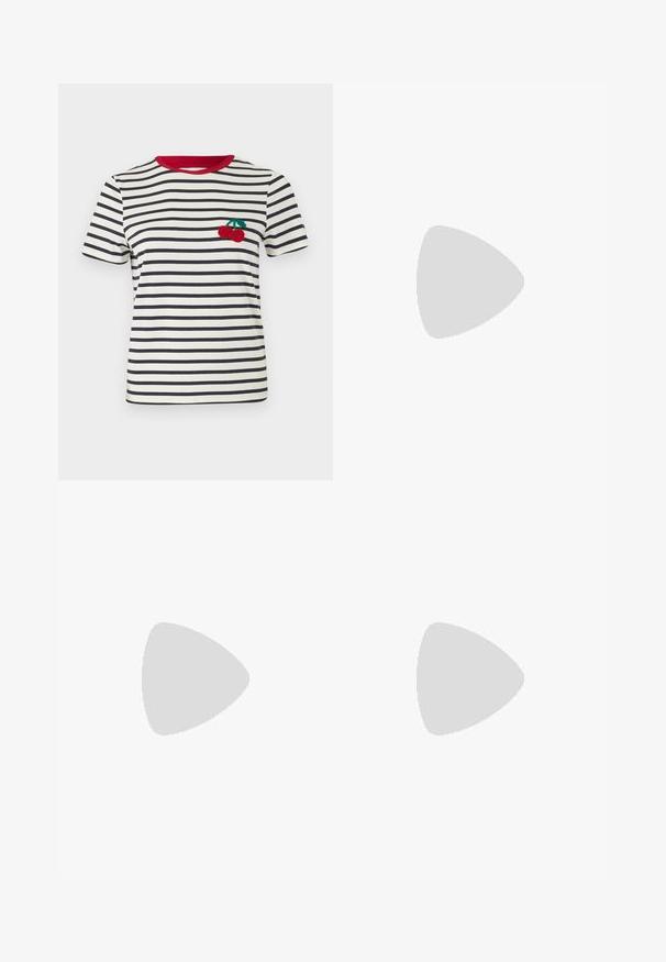 T-shirt rayé en crème et bleu marine, avec un col rouge. Présente un design de cerise brodé sur la zone de la poitrine gauche. Manches courtes.; Shorts en denim bleu foncé avec une coupe classique, un design à cinq poches et des coutures jaunes contrastantes, fermés par un bouton en métal.; Baskets basses en toile blanche avec lacets blancs, semelle en caoutchouc, détails à rayures noires, et écusson logo sur la languette et le talon.; Sac à main en cuir tressé marron foncé avec poignée courbée, garniture blanche, fermeture éclair argentée et bandoulière large en tissu amovible sur fond uni.