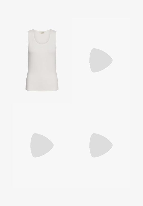 Witte mouwloze tanktop met een ronde halslijn, gemaakt door Love Copenhagen, weergegeven op een effen witte achtergrond.; Lichtgroene linnen broek met een trekkoord in de taille, wijd been ontwerp en zijzakken. Zachte textuur en eenvoudige constructiedetails.; Beige slipper met een platte zool en een verstelbare band met een grote vierkante gesp op een witte achtergrond.; Beige geweven lederen tas met twee schouderbanden en een gestructureerde rechthoekige vorm.