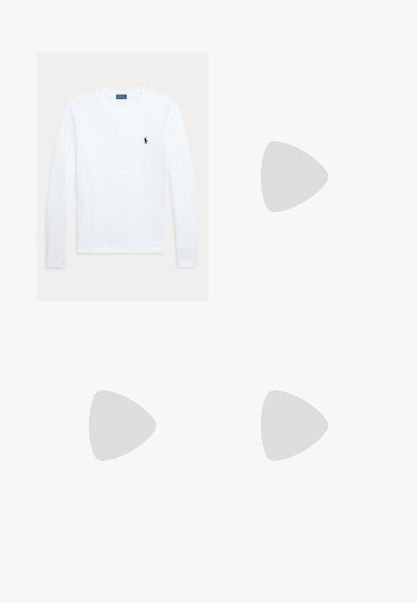 Valge pika varrukaga ümmarguse kaelusega särk, millel on väike tumesinine Polo Ralph Laureni logo vasakul rinnal.; Tume sinised laiad teksapüksid eesmiste plaastritaskutega, vööaasade ja nööpkinnitusega ühtlasel heledal taustal.; Must have musta sandaalid minimalistlikus disainis. Omab õhukesi rihmasid, varbapost, kuldseid detaili rõhuasetusi ja sileda, tekstuuriga tallat.; Kollane nahast käekott, millel on kumer kuju, õlavarre rihm ja väike metalline aktsent. Sile tekstuur ja minimalistlik disainielemendid.