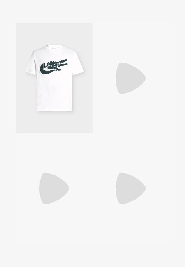 Camiseta blanca de manga corta con un gran gráfico negro de un cocodrilo estilizado integrado con el texto "Lacoste" en el pecho.; Pantalones negros de pierna ancha con cintura elástica y un solo botón. Fabricados con una tela suave y ligera. Dobladillo recto.; Zapatilla blanca de caña baja con diseño de cordones y logo de cocodrilo en relieve, situada sobre un suelo pulido gris con una pared de bloques de vidrio de fondo.; Bolso de hombro Lacoste negro con forma curva, correa ajustable y logo de cocodrilo blanco en relieve sobre el nombre de la marca en la parte delantera.
