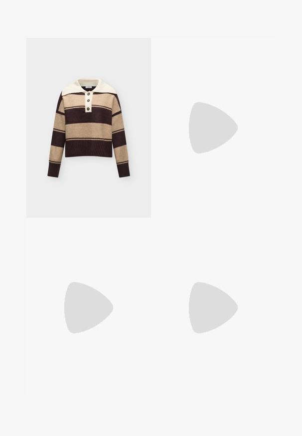 Jersey de punto de manga larga con rayas horizontales anchas en beige y marrón, cuello vuelto blanco acanalado y tres botones delanteros.; Jeans de mezclilla azul claro de tiro alto con piernas rectas y múltiples grandes desgarros desgastados en ambos muslos y rodillas.; Botas de tobillo de ante marrón con forro suave, suela de plataforma gruesa beige y una lengüeta trasera. Superficie texturizada con detalles de costura visibles.; Bolso de hombro marrón de ante en forma de media luna con correa negra larga y ajustable y cierre con cremallera plateada.