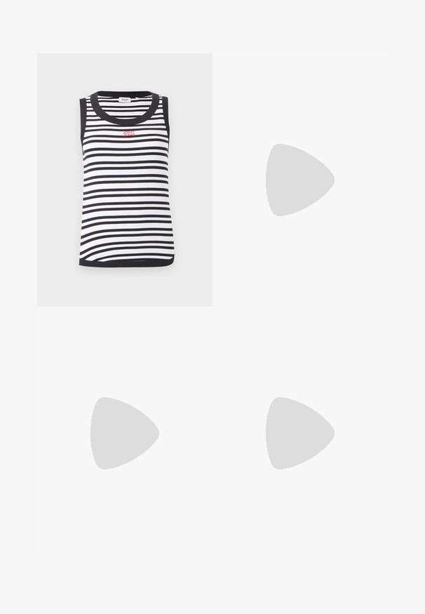 Débardeur sans manches à rayures horizontales noires et blanches, avec bordures noires et logo rouge "JOOP! JEANS" sur la poitrine.; Pantalon bleu marine à jambes larges avec taille haute et coupe droite, présenté à plat sur un fond neutre.; Mocassins en cuir noir avec un bout arrondi, un design cousu et un accent en nœud sur la tige. Talon bas et texture lisse.; Sac fourre-tout en cuir noir avec deux poignées et une petite pochette zippée assortie attachée, marqué Anna Field en lettres dorées.