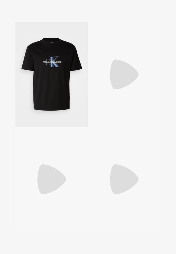 Camiseta de algodón negra con un destacado logo "CK" en azul y blanco y el texto "Calvin Klein Jeans" debajo, de mangas cortas y con cuello redondo.; Vaqueros de mezclilla azul para hombre con corte recto, bolsillos delanteros y traseros, y una pequeña etiqueta de Calvin Klein cerca del bolsillo delantero derecho.; Zapatilla deportiva negra de corte bajo con suela blanca gruesa, cordones en la parte delantera y el logo sutil "cK" en el lateral.; Gafas de sol negras con lentes rectangulares, acabado mate, montura gruesa y brazos delgados con un discreto detalle de marca.
