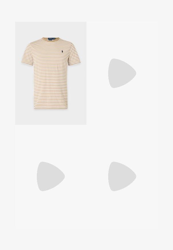 Μπεζ και λευκό ριγέ κοντομάνικο T-shirt με στρογγυλή λαιμόκοψη και μικρό σκούρο κεντημένο λογότυπο στο αριστερό στήθος.; Ανδρικά σορτς σε χρώμα ταμπ με ελαστική μέση και κούμπωμα με κουμπί, απλό σχέδιο, μήκος έως τη μέση του μηρού, κατασκευασμένα από λείο ύφασμα.; Καφέ δερμάτινο παπούτσι για βάρκα με ραφή μοκασίνου, λεπτομέρεια κορδονιού διαπερασμένη από μεταλλικά οφθαλμούς και επίπεδη λαστιχένια σόλα, εμφανιζόμενο από πλάγια όψη.; Μαύρα ορθογώνια γυαλιά ηλίου με σκούρους πράσινους φακούς και ένα μικρό λογότυπο Polo στο μπράτσο, τοποθετημένα σε λευκό φόντο.