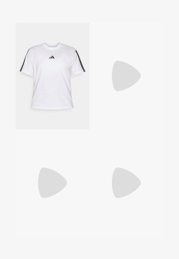 Camiseta de algodón blanca con cuello redondo, mangas cortas y acentos de tres rayas negras en los hombros, con un logo de Adidas en el pecho.; Pantalones de chándal negros con cintura elástica, piernas ajustadas y diseño de tres rayas blancas a los lados. Hechos de una tela suave.; Zapatillas deportivas negras con parte superior texturizada, diseño de tres franjas blancas, suela de goma y acentos blancos en el talón.; Bolsa de tote negra con el logo "adidas" en gris, hecha de un tejido duradero, con dos correas para el hombro y un panel inferior negro en contraste.