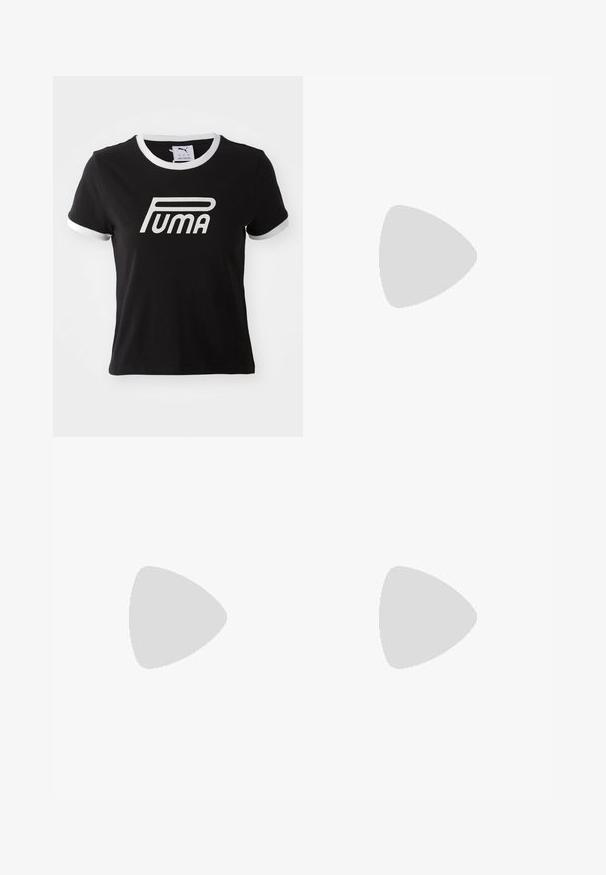 Zwarte katoenen t-shirt met witte rand bij de kraag en mouwen. Heeft een groot wit Puma-logo op de voorkant. Klassiek pasvorm ontwerp.; Zwarte knielange rok met cargozakken aan beide zijden en een klein wit Puma-logo op de rechter zakklep.; Witte Puma platform sneaker met zwarte streep en gouden logo, zwevend boven een betonnen bankje in een buitenomgeving.; Zwarte lakleren handtas met dubbele handvatten aan de bovenkant, afneembare schouderriem, ronde vorm en opvallend gegraveerd "PUMA" logo.