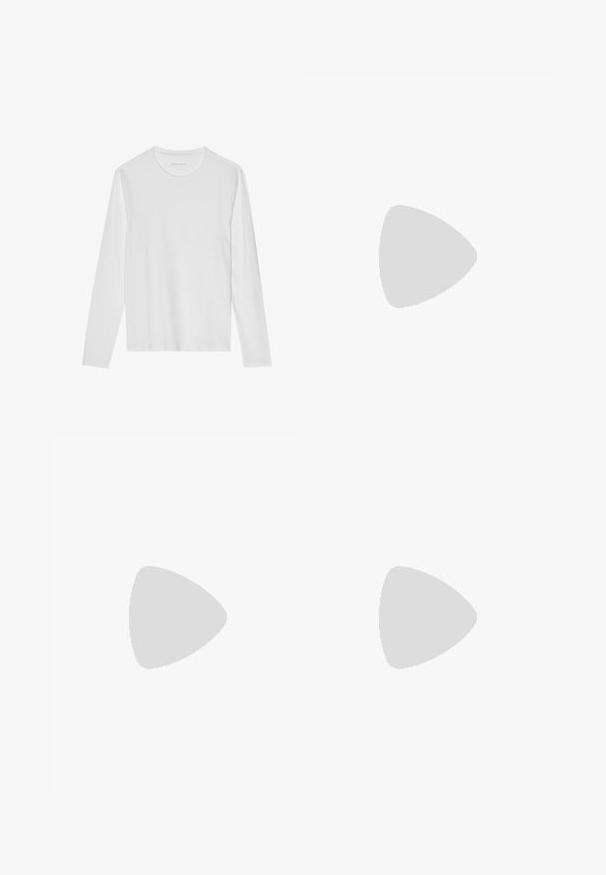 Wit T-shirt met lange mouwen gemaakt van zacht katoen, met een ronde halslijn en een gladde textuur zonder zichtbare patronen of accenten.; Zwarte denim jeans met rechte pijpen, voorzakken, riemlussen en knoopsluiting, plat gelegd op een grijze achtergrond.; Zign by Zalando LEATHER - Cowboy-/Bikerlaarsjes - black; Zwarte leren riem gerold met een matte zwarte rechthoekige metalen gesp en twee riemlussen op een witte achtergrond.