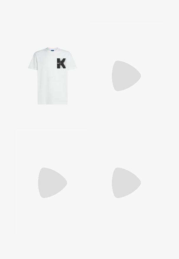 Witte t-shirt met korte mouwen en zwart vierkant logo met een gestileerde "K" en de tekst "Karl Lagerfeld Jeans" op de borst.; Lichtblauwe denim shorts. Heeft een klassiek vijf-pocket ontwerp, knoopsluiting en rechte snit. Stof ziet er zacht uit met een lichte vervaging.; Witte leren sneaker met een afgeronde neus, vetersluiting aan de voorkant en een platte rubberen zool. Voorzien van geperforeerde details en een subtiel logo-accent.; Zwarte nylon schoudertas met een rechthoekige vorm, voorzien van een voorste logo-label, zilverkleurige hardware en een verstelbare schouderband.