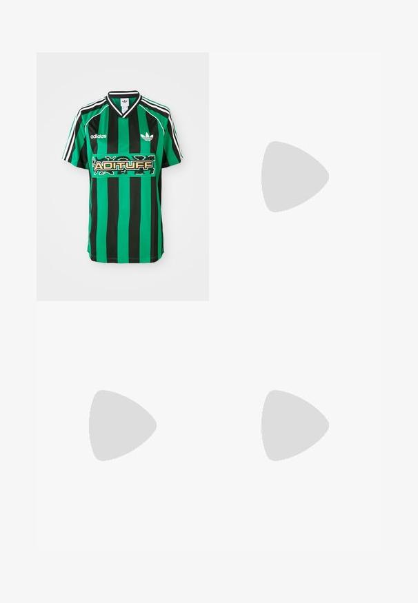 Groen en zwart gestreept shirt van lichtgewicht stof, met een V-hals, korte mouwen en een 'ADITUFF'-logo in het midden.; Gele sportbroek met zwarte zijstrepen en een elastische tailleband. Gemaakt van glad materiaal dat licht van gewicht is. Bevat een logo op de dij.; Zwarte sportschoen met witte strepen, een bovenwerk met patroon en bloemenaccenten, en een groene hiel. Rubberen zool zorgt voor grip.; Zwarte gepatenteerde leren handtas met een afgeronde vorm, dubbele handvaten bovenaan, zilveren accenten en een opvallend wit logo aan de voorkant.
