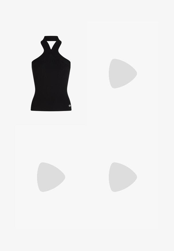 KARL LAGERFELD Top - black; Čierne tepláky s širokými nohavicami, elastickým pásom a kvetinovou výšivkou na leme. Vyrobené z mäkkej, elastickej tkaniny.; Čierne kožené muly s špicatou špičkou a ihlovým podpätkom. Obsahuje široký pás s strieborným písmom na boku. Hladká textúra.; Čierna kožená kabelka s bielymi akcentmi. Obsahuje reťazový popruh, štruktúrovaný tvar a výrazný biely detail loga. Hladká textúra.