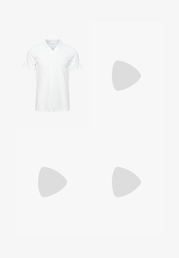 Hvid kortærmet polo-shirt med V-udskæring, lavet af blødt stof; har et diskret logo på brystet. Glat tekstur, afslappet pasform.; Sorte bukser lavet af solidt stof, med en standard pasform, fem lomme design og en knaplukning. Slank og alsidig.; Hvide lædersneakers med sorte ruskindsdetaljer; har en gummisål, rund tå og klassisk snørebåndsdesign. Side logo i sort.; Runde sorte solbriller med mørkegrønne linser, plastikramme og metaldetaljer ved stængerne. Glat tekstur, minimalistisk design.