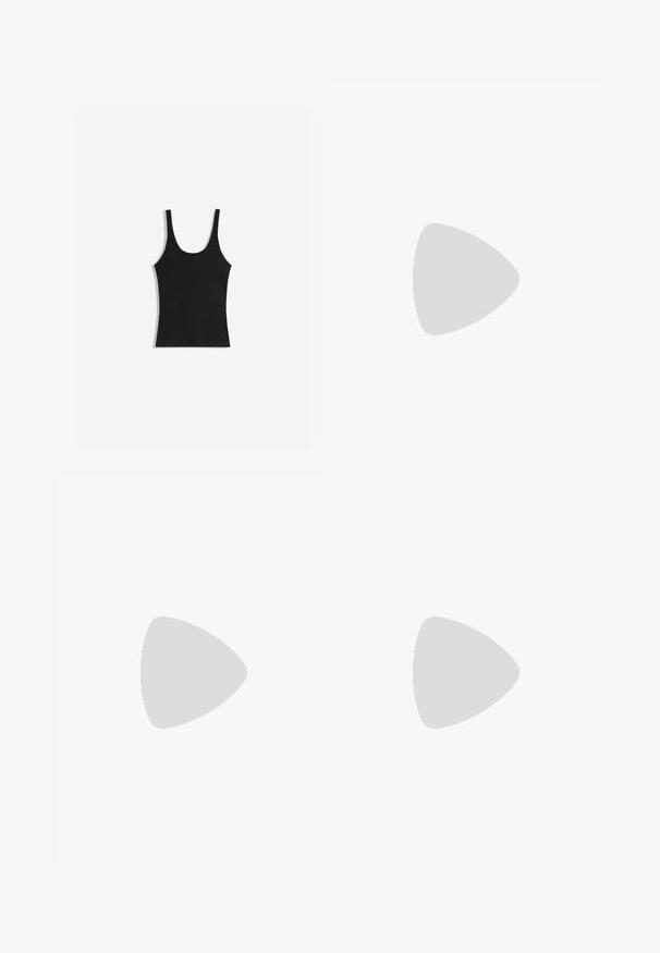 Sort ærmeløs tanktop med rund halsudskæring, vist fladt på en lysegrå baggrund.; Sort satin midi-nederdel med en voluminøs, ballonform. Glat tekstur og en tætsiddende talje, designet til en svævende silhuet.; Sorte patenterede læderslipsko med spids tå, minimalistisk design, lille hæl og sølvfarvet spænde på remmen.; Sort læderhåndtaske med en glat tekstur. Har en justerbar stropp og et enkelt, minimalistisk design med lynlås.