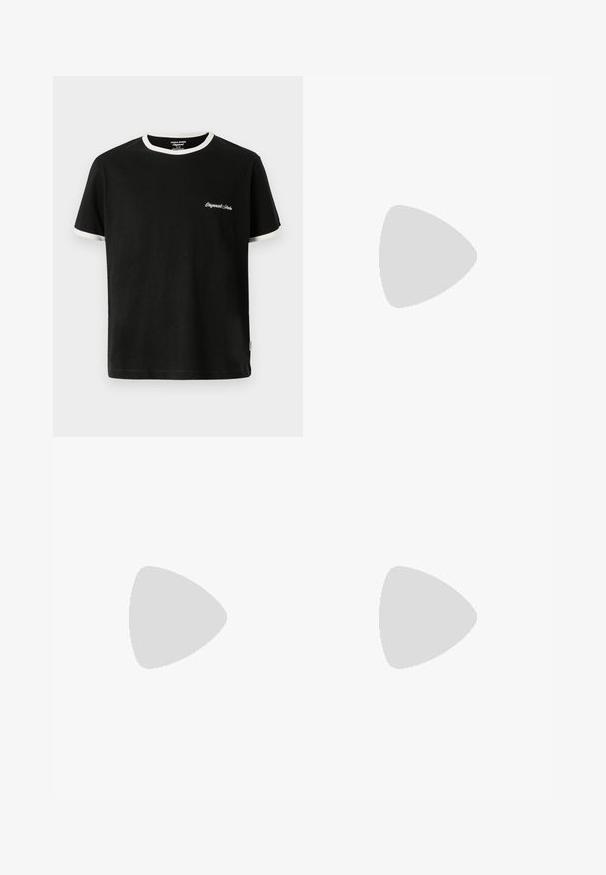 Jack & Jones T- - Camiseta básica - black; Jeans de mezclilla negra con un diseño de pierna recta, estilo de cinco bolsillos y detalles de costura sutiles. El material es suave con un acabado mate.; Zapatilla de cuero negra con rayas blancas, suela de goma texturizada y parte frontal con cordones. Cuenta con una etiqueta de marca en la lengüeta.; Bolsa de tela negra con forma plana, que presenta texto blanco en negrita. El cierre de cremallera se encuentra en la parte superior, con un detalle de asa en un lado.