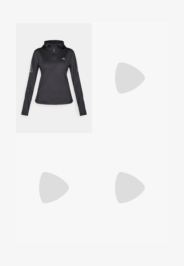 Musta pitkähihaine urheiluhuppari, jossa on neljännesvetoketju, teksturoitu kangas, säädettävä huppu ja heijastavat raidat hihoissa. Rinnassa on logo.; Mustat urheilushortsit, joissa on joustava vyötärö, sivuleikkaukset ja valkoiset kolmisauvaakennot. Alhaalla oikealla on pieni valkoinen logo.; Musta urheilukenkä, jossa on hengittävä verkko-yläosa, harmaat yksityiskohdat, teksturoitu pohja ja kolme erottuvaa raitaa sivussa.; Vaaleanpunainen kiiltävästä materiaalista valmistettu duffelitasku, jossa on kaksi kahvaa, irrotettava olkahihna ja etutasku vetoketjulla ja logolla.