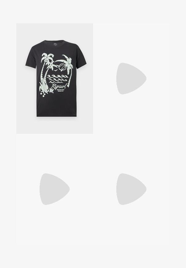 Must t-särk valge palmide, lainete, linnu, lainelauaga ja tekstiga "Rip Curl Quality Surf Products" esiküljel.; Tumedate hallid slim-fit teksased, millel on kulunud viimistlus, valmistatud denimist, sisaldavad viit taskut ning klassikalist tõmblukkude sulgemist metallist nupuga.; Valge tenniseking musta V-logoga, sujuva nahast pealispinnaga, ümarate varvastega, nööridega sulgemisega ja kontrastse musta kannaootsaga.; Kuldne rõngasõlg, millel on sile ja poleeritud viimistlus. Ümar kuju, keskmise suurusega, sisaldab turvalist kinnitussüsteemi.