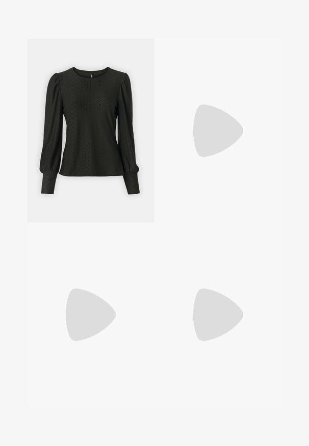 Top negro de manga larga con un patrón texturizado de diseños en forma de diamante y un cuello redondo. Las mangas abullonadas y los puños ajustados añaden volumen.; Vaqueros negros de pierna recta con bolsillos delanteros y traseros, pasadores para cinturón y cierre de botón en la cintura.; Zapato slingback de charol negro con punta puntiaguda, tacón bajo y dos correas ajustables con hebillas, mostrado de perfil lateral.; Bolso de mano de cuero negro con forma redondeada, decorado con detalles de tachuelas plateadas y un asa corta. Textura lisa y cierre con cremallera.