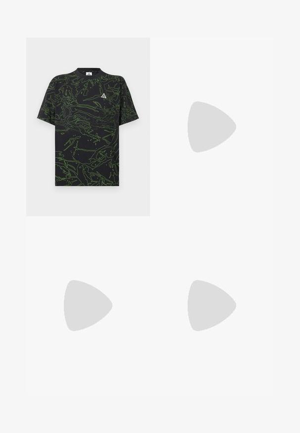T-shirt noir avec motif abstrait vert en lignes, manches courtes et encolure arrondie; présente un petit logo sur le côté supérieur gauche.; Pantalons cargo kaki avec une taille élastique et un cordon de serrage, dotés de poches latérales et de chevilles côtelées. Fabriqués en matériau texturé et léger.; Baskets montantes noires en cuir texturé, dotées d'une semelle en caoutchouc épaisse, d'un laçage à l'avant et d'un petit logo sur le côté.; Sac bandoulière compact vert olive avec sangle noire, poche zippée à l'avant avec tirettes rouges, et patch "montagne" avec des rayures de coucher de soleil.