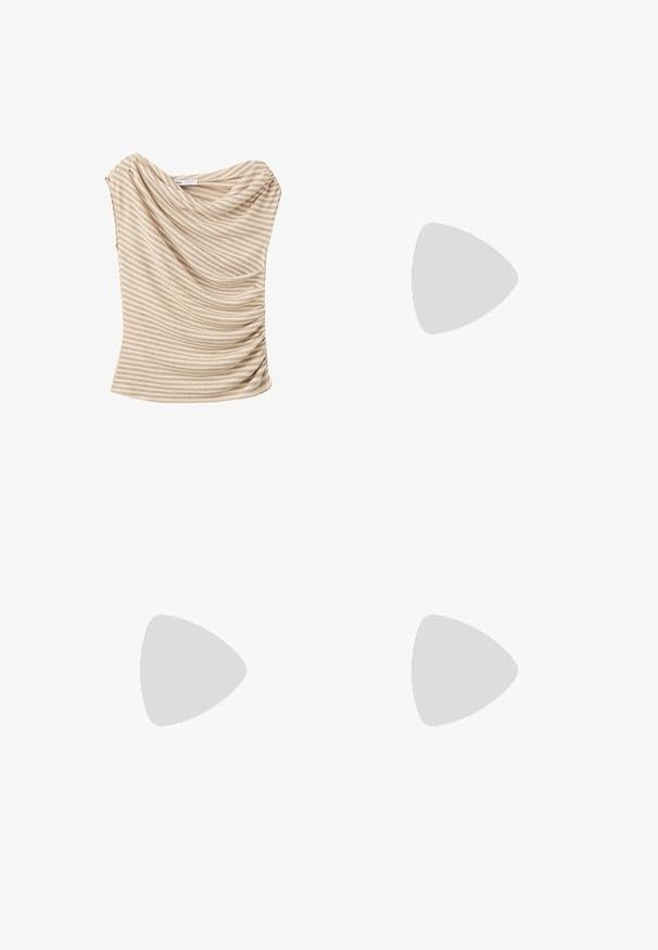 Haut sans manches rayé beige et blanc avec encolure drapée et détail froncé sur le côté.; Pantalon à jambes larges avec des rayures verticales dans différentes nuances de marron et beige, en tissu texturé.; Mule marron à bout ouvert avec brides croisées et talon haut fin, présentée sur fond blanc.; Sac à main en cuir marron avec un motif tissé, avec deux longues anses fines pour un port à l'épaule.