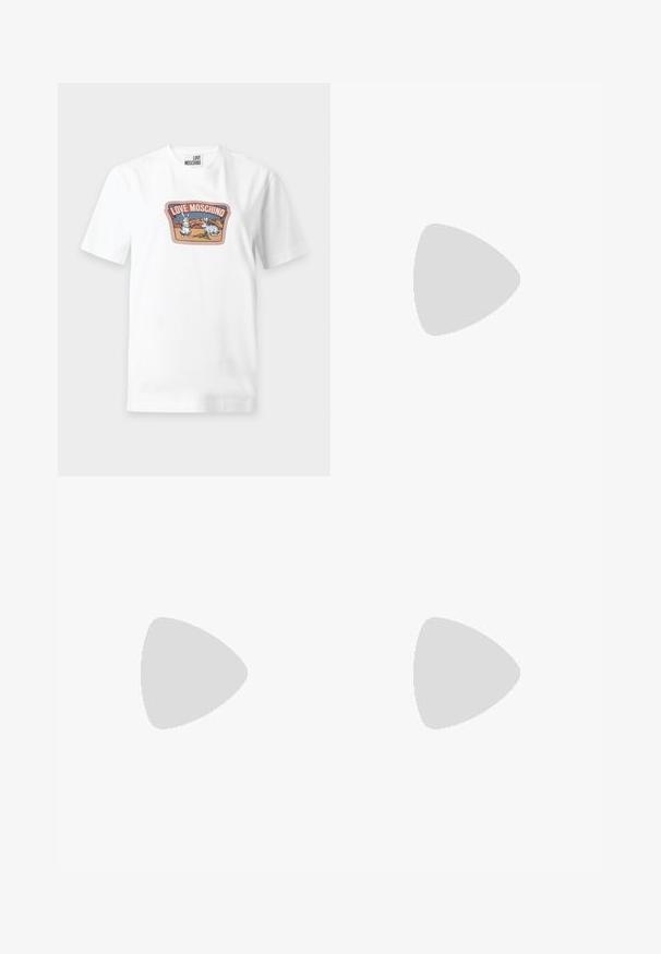 T-shirt blanc à manches courtes avec un graphique de deux lapins et des carottes, avec le texte "LOVE MOSCHINO" au-dessus.; Jean en denim bleu à jambes larges, avec une taille haute, cinq poches et une fermeture à bouton en métal. Le tissu a une texture lisse avec un léger dégradé.; Baskets en cuir marron avec des semelles en caoutchouc blanches contrastées, présentant des motifs en losange noirs et des logos MCM sur le côté. Comprend des lacets et une languette arrière.; Sac à main en cuir marron avec une forme structurée, doté d'une fermeture éclair, de motifs en losanges noirs et de deux anses. Comprend une petite étiquette amovible.