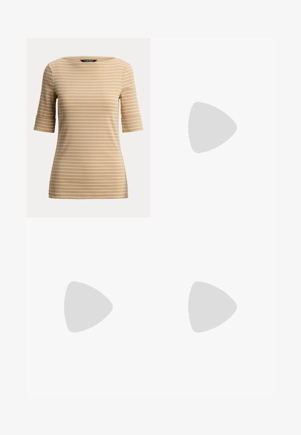 Beige lyhythihainen paita, jossa valkoiset vaakaraitakuviot ja venepääntie, merkiltään Lauren Ralph Lauren.; Suorat siniset denim-farkut, joissa on viisi taskua, nappisuljenta ja hienovarainen haalistuma reiden ja polvien kohdalta, asetettuna tasaisesti valkoiselle taustalle.; Musta mokkanahkainen korkokengän sandaali, jossa ohut nilkkaremmi ja kultainen solki, avoin varvasosa ja maltillinen korko yksinkertaisella valkoisella taustalla.; Musta nahkainen käsilaukku, jossa on jämäkkä muotoilu, vetoketjusuljenta, irrotettava olkahihna ja kultaiset yksityiskohdat.