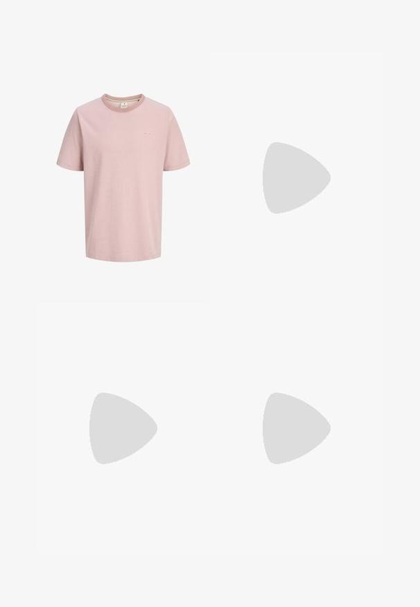 Hellrosa T-Shirt mit kurzen Ärmeln, Rundhalsausschnitt, kleinem weißen Logo auf der linken Brust und schlichtem, einfarbigem Design.; Helle blaue Jeans aus Denim mit geradem Bein, ausgestattet mit fünf Taschen, einem Knopfverschluss und subtilen Ausbleichungen auf dem Stoff.; Beige Leinensneaker mit runder Zehenpartie, flachen Schnürsenkeln und strukturiertem braunem Gummi-Sohle. Mit einem Logo an der Seite und einem minimalistischen Design.; Weiße rechteckige Sonnenbrillen mit schwarzen Gläsern. Hergestellt aus mattem Kunststoff, mit leicht geschwungenen Kanten und eleganten, geraden Bügeln.