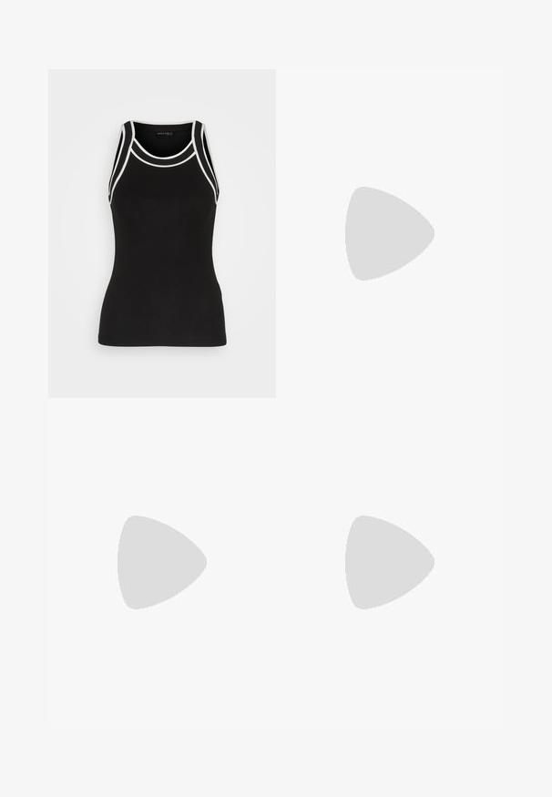 Zwarte geribde tanktop met witte accentdetails. Kenmerkt zich door een ronde halslijn en racerback ontwerp. Gemaakt van een rekbare stof voor comfort.; Olijf groene cargobroek van een duurzame katoenmix met taps toelopende boorden, meerdere zakken en knievouwen voor extra bewegingsvrijheid.; Lichtgroene sandaal met drie verstelbare banden, kurken voetbed en zwarte rubberen zool. Suède-achtige textuur met een glanzende afwerking.; Zwarte cat-eye zonnebril met grijs verlooplenzen. Dikke, glanzende kunststof montuur en taps toelopende armen. Geen zichtbare merknaam of versieringen.