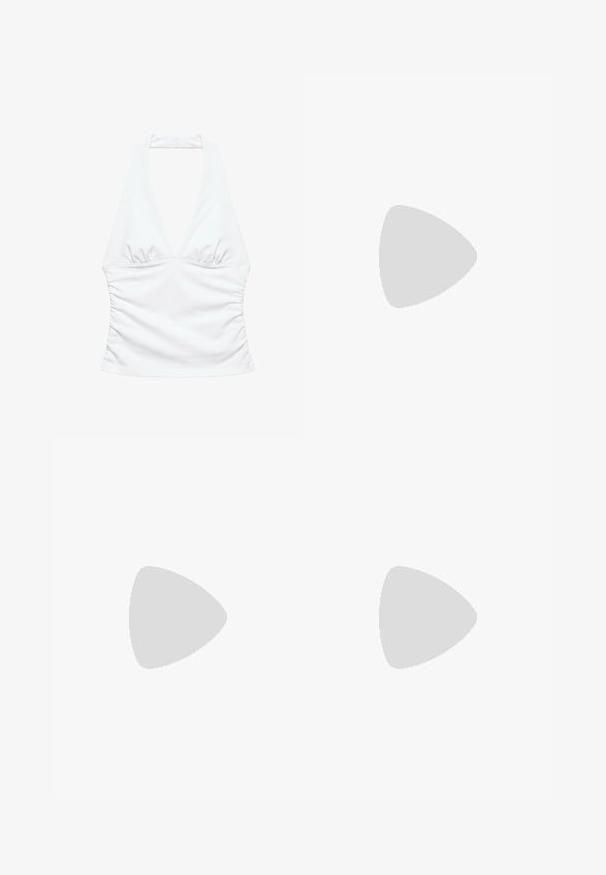 Weißes ärmelloses Neckholder-Top mit tiefem V-Ausschnitt und gerafften Seiten, entworfen für eine figurbetonte Silhouette.; Weiße Hose mit weitem Bein, elastischem Bund und Kordelzug, aus leichtem Stoff.; Gelbe Flip-Flop-Sandale mit strukturierter Sohle und orangen Gummiriemen vor einem schlichten hellgrauen Hintergrund.; Runde, braun getönte Sonnenbrillen mit einem glänzenden burgunderfarbenen Rahmen. Schlanke Bügel mit dezentem Branding. Flaches Linsendesign.