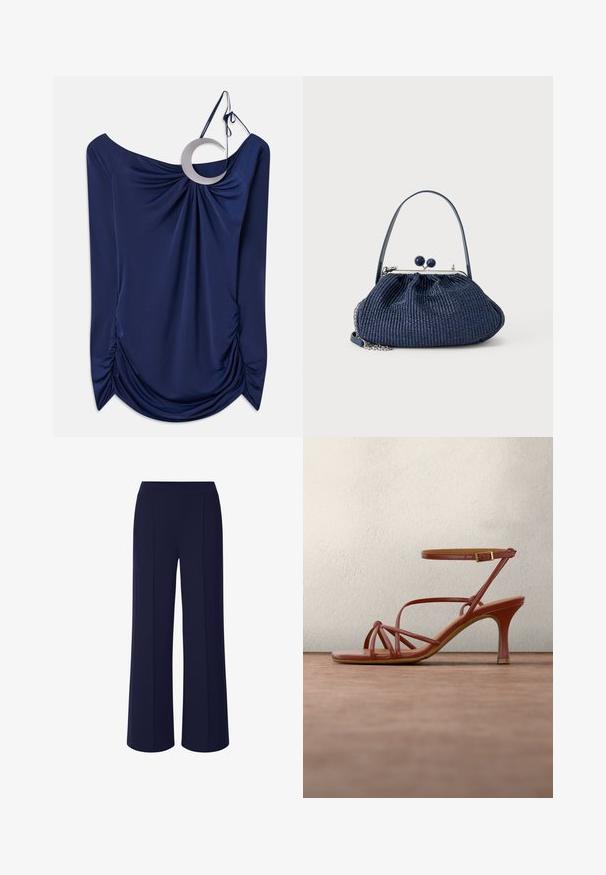 Marineblauwe gedrapeerde top met een off-shoulder ontwerp, voorzien van een ronde metalen accent en geraffineerde details aan de zijkanten. Stijlvolle textuur.; Marineblauwe wijde broek gemaakt van een zachte, rekbare stof; beschikt over voorplooien en een elastische tailleband voor comfort en bewegingsgemak.; Bruine sandalen met hoge hak en bandjes, voorzien van een enkelgesp, zwevend boven een grijze betonnen vloer met een wazige glazen achtergrond.; Handtas van navy blauwe geweven stof met ronde sluiting, korte handgreep en zilveren kettinkdetail tegen een effen lichte achtergrond.