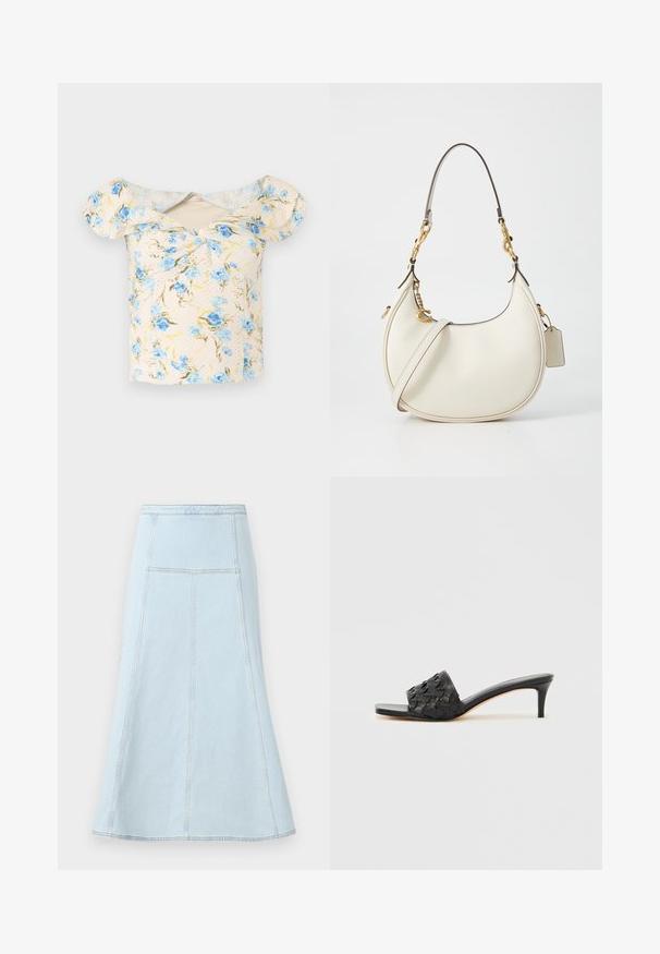 Elfenbensfarvet kort off-shoulder bluse med puffede ærmer og blåt blomsterprint, med en lille knude foran.; Lyseblå denim A-line nederdel med høj talje, der har lodrette syninger og en bredere kant for ekstra bevægelse.; Sorte sandaletter med hæl og vævet struktur på overdelen, åben tå-design og tynd høj hæl. Har en glat læderfodplade.; Creme læder håndtaske med en buet form, der har et gyldent hardwareaccent og en justerbar skulderrem. Glat tekstur med kontrasterende syninger.