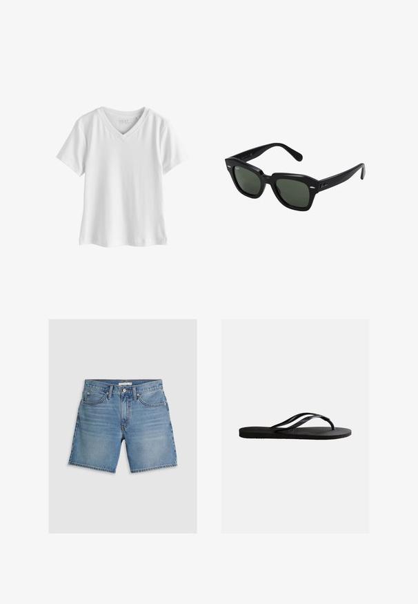 T-shirt blanc à manches courtes avec col en V, au design simple, uni et à la coupe régulière, présenté sur fond blanc.; Shorts en jean bleu clair, avec une coupe droite, cinq poches et une fermeture à bouton. Fabriqués en coton avec une texture lisse.; Sandale tong en caoutchouc noir avec semelle texturée et fines brides en Y sur un fond blanc uni.; Lunettes de soleil carrées noires avec des verres vert foncé, présentant des montures audacieuses et des accents argentés sur les côtés. Fabriquées en Italie.