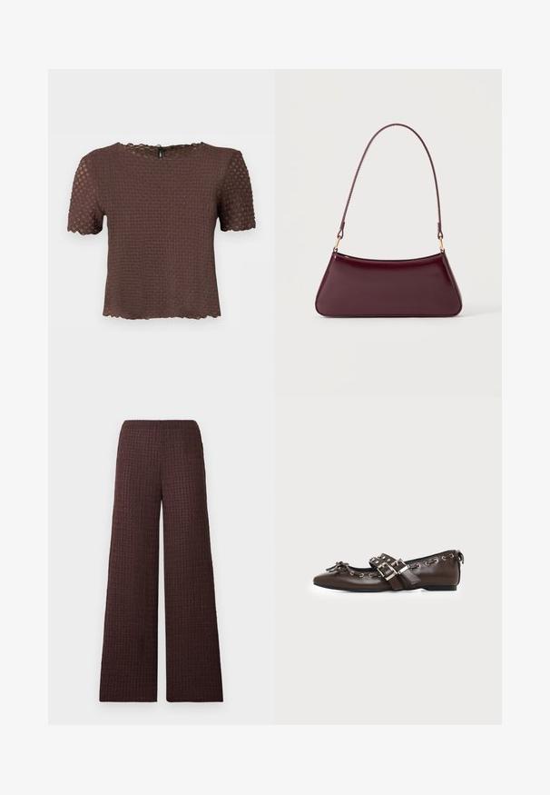 Haut brun en maille texturée à manches courtes avec des bords festonnés et un col rond, présenté sur un fond uni.; Pantalon marron à jambes larges avec une ceinture élastique, conçu dans un tissu froissé et de longueur complète.; Chaussure plate en cuir marron foncé avec bout pointu, doubles brides à boucles argentées, œillets métalliques et nœud décoratif à l'avant.; Sac à main brillant bordeaux foncé avec une anse fine unique et une forme trapézoïdale élégante sur un fond clair uni.