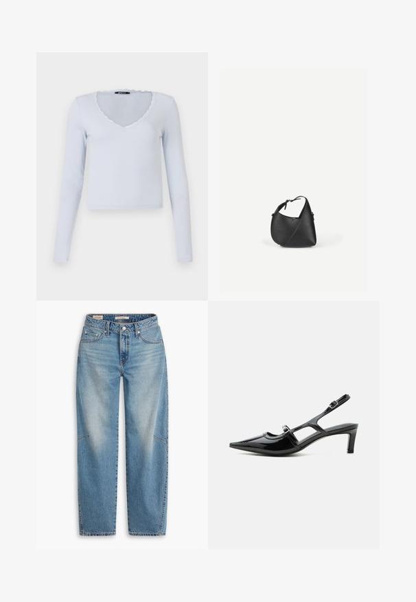 Helles blaues Langarmoberteil mit geripptem Texture, V-Ausschnitt und gewelltem Spitzenrand um den Ausschnitt und die Ärmel.; Hellblaue Jeans aus Denim mit lockerem Schnitt, geradem Bein, Knopfleiste und Fünf-Taschen-Stil sowie dezenten Verblassungen und Ziernähten.; Schwarzer Slingback-Schuh aus Lackleder mit spitzer Kappe, niedrigem Absatz und zwei verstellbaren Schnallenriemen, seitlich dargestellt.; Schwarze Leder-Umhängetasche mit abgerundeter dreieckiger Form und verstellbarem Riemen vor einem schlichten hellen Hintergrund.