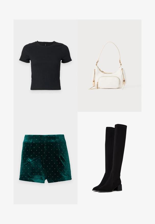 T-shirt noir à manches courtes avec un tissu texturé et un col rond. Coupe ajustée, motif discret, et longueur au niveau du ventre.; Shorts en velours vert avec des clous argentés, plis structurés et une texture lisse. Conçus pour une silhouette ajustée.; Bottes noires au-dessus du genou en matériau doux et texturé. Caractéristiques d'un talon carré, d'un bout pointu et de coutures visibles.; Sac à main blanc avec une bandoulière courte, surface texturée, plusieurs poches zippées et accents en métal doré. Design compact et moderne.