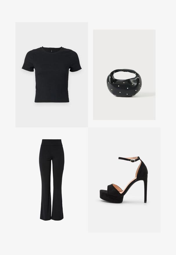 Zwarte, korte mouwen t-shirt met een gestructureerde stof en een ronde halslijn. Strakke pasvorm, subtiel patroon en een ontwerp tot op de taille.; Zwarte high-waist stretchbroek met iets uitlopende pijp en een glad, naadloos ontwerp tegen een witte achtergrond.; Zwarte suède hoge hakken sandaal met een platformzool, enkelband met zilveren beslag, open teen ontwerp en een gladde textuur.; Zwarte leren handtas met een afgeronde vorm, versierd met zilveren studs, en een korte handgreep. Gladde textuur en ritsluiting.