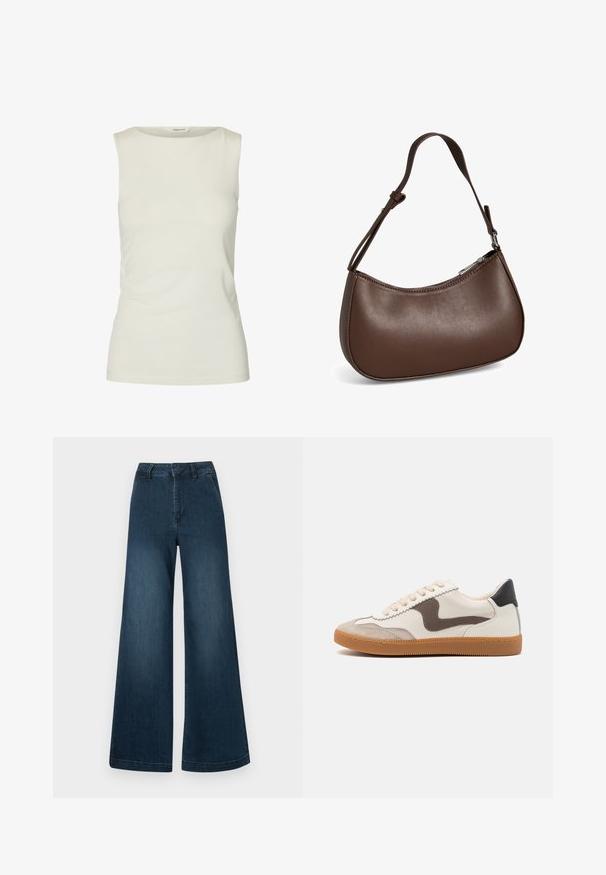 Ærmeløs, ensfarvet hvid tanktop med rund halsudskæring, lavet af glat stof, vist på hvid baggrund.; Mørkeblå høj talje brede ben denim jeans med forlommer og bæltestropper på en hvid baggrund.; Sneakers med en cremefarvet læderoverdel, en mørkebrun svine læder detalje, beige snørebånd og en gummigummisål; klassisk lavprofil design.; Lille brun skuldertaske i læder med justerbar rem og lynlåslukning, vist mod hvid baggrund. Ingen synligt branding eller dekorationer.