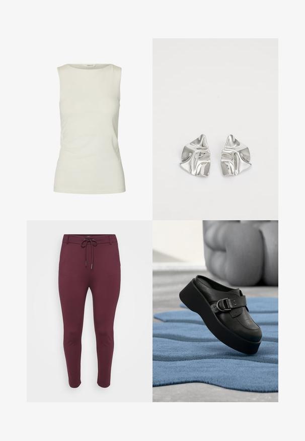 Ärmelloses, schlichtes weißes Tanktop mit rundem Ausschnitt, aus glattem Stoff, auf weißem Hintergrund dargestellt.; Burgunderfarbene, dehnbare Hose mit einem Kordelzugbund, die ein figurschmeichelndes Design und schmal zulaufende Beine aufweist, vor einem weißen Hintergrund präsentiert.; Schwarze Leder-Plattform-Mule mit großem Schnallendetail, die auf einem strukturierten, welligen blauen Teppich und einem verschwommenen grauen Hintergrund liegt.; Silberne Metallohrringe mit einem wellenförmigen, skulpturalen Design, das eine polierte Oberfläche und unregelmäßige Formen aufweist, die eine zeitgenössische Ästhetik betonen.