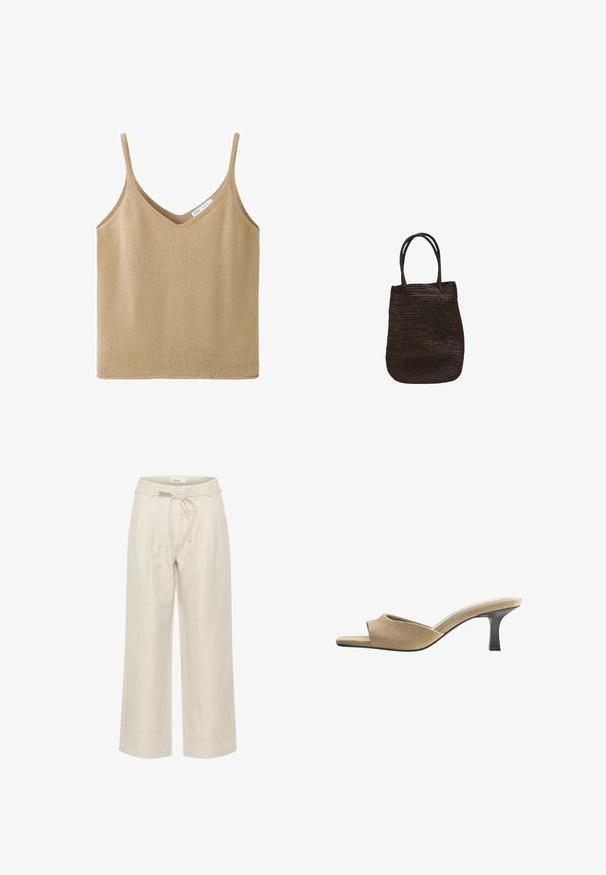 Beige strikket ærmeløs tanktop med tynde stropper og V-halsudskæring, med en lille hvid mærkeetiket inde i nakken.; Beige linned brede bukser med elastisk talje og frontfolder, i en glat tekstur og ankellængde.; Beige ruskind åben tå mule med kort sort kittenhæl og åben hæl, vist fra siden på en hvid baggrund.; Sort vævet tote-taske med to håndtag, medium størrelse, enkelt design og fleksibel tekstur mod en hvid baggrund.