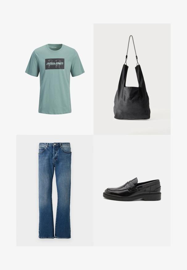 T-shirt vert clair à manches courtes avec col rond et patch rectangulaire noir affichant le logo "Jack & Jones" et un texte stylisé en blanc.; Jean en denim bleu clair avec une coupe droite, comportant cinq poches, une fermeture à boutons, et un léger effet délavé sur le tissu.; Mocassins en cuir noir avec une finition lisse, un bout rond, un petit talon et descoutures décoratives à l'avant. Semelle en caoutchouc pour l'adhérence.; Sac fourre-tout en tissu noir doux avec de larges anses et une fine bandoulière tressée noire et blanche.