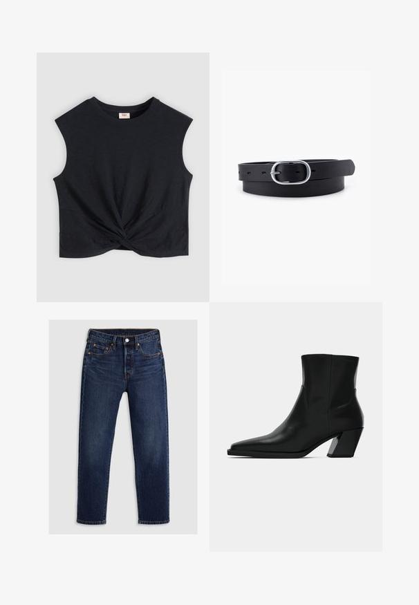 Haut court noir sans manches avec un col rond et un détail de nœud torsadé à l'avant, centré à l'ourlet.; Jean en denim bleu foncé avec une coupe droite. Comprend une fermeture éclair avec un bouton, cinq poches et des coutures contrastantes.; Bottine en cuir noir avec un bout pointu, une silhouette élégante et un talon carré massif. Texture lisse avec des détails de couture minimalistes.; Ceinture en cuir noir au toucher lisse, boucle en métal argenté de forme ovale et plusieurs trous d'ajustement le long de la sangle. Design plat et minimal.