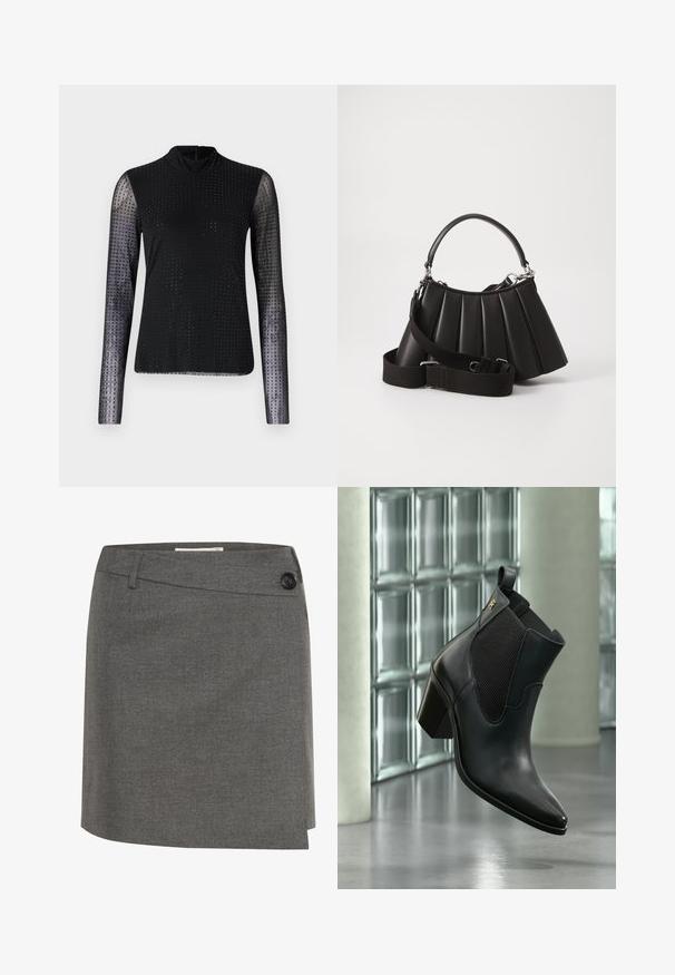 Top noir à manches longues en maille transparente, avec un col haut et un motif de petits points sur le corps et les manches.; Jupe grise en tissu texturé, dotée d'un bouton sur le côté et d'une silhouette droite avec un léger design croisé.; Bottine noire en cuir avec talon bloc et panneau latéral élastique, flottant à l'intérieur devant un mur en blocs de verre et un sol en béton.; Sac à main plissé noir avec une poignée arrondie, une bandoulière réglable et une texture brillante. Présente des accessoires en argent et une silhouette structurée.