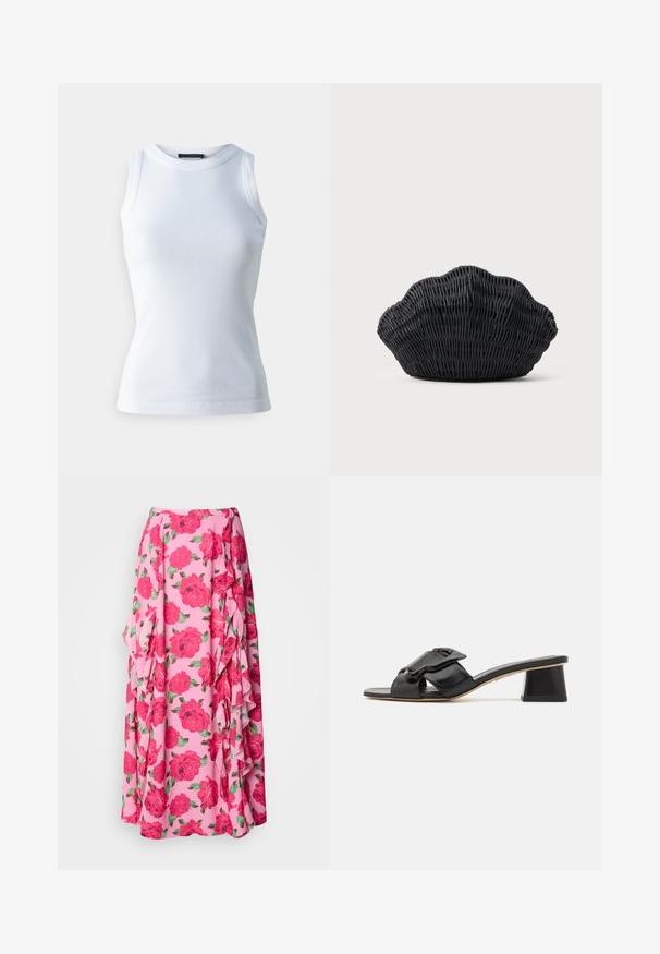 Hvid ærmeløs top lavet af ribbet stof, med en rund halsudskæring og en tætsiddende silhuet. Glat tekstur, ingen synlige mønstre eller detaljer.; Blomster-maxi nederdel i lyserødt stof med store, levende røde roser og grønne blade. Har flæser langs siden for ekstra tekstur.; Sorte læder slidesandaler med en bred rem med kædedetalje, åben tå og en geometrisk høj hæl. Glat tekstur og minimalistisk design.; Sort flet håndtaske formet som en muslingeskal med en buet top og flettet tekstur på en ensfarvet baggrund.