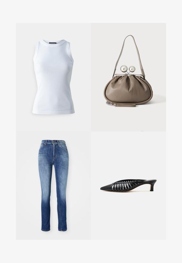 Hvid ærmeløs top lavet af ribbet stof, med en rund halsudskæring og en tætsiddende silhuet. Glat tekstur, ingen synlige mønstre eller detaljer.; Skræddersyede jeans i mellemblå denim, med en falmet effekt, fem lomme-design, bæltesløjfer og en metalknaplukning.; Sort læder mule med spids snude, stropdetalje og lav kittenhælk på hvid baggrund.; Grå læderhåndtaske med rundet form, toplås med to store sølvkugler og en enkelt strop.